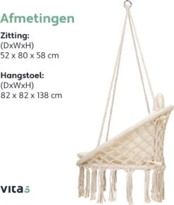 Vita5 Macramé Hangstoel - Voor Binnen En Buiten - Zonder Standaard - Incl. Kussen, Boekenvak En Beschermhoes - Tot 150kg - Beige -Beroemde Tuinonderhouds Winkel 1020x1200