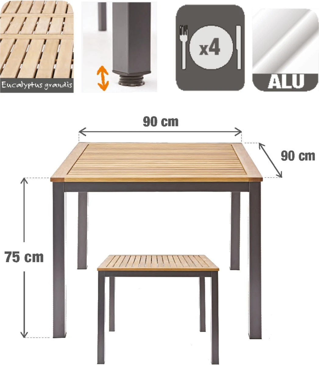 NATERIAL - Tuintafel Vierkant ORIS - 4 Personen - Houten Tafel 90x90 Cm - Aluminium - Met Houten Blad - Eucalyptus 2 NATERIAL - Tuintafel Vierkant ORIS - 4 Personen - Houten Tafel 90x90 Cm - Aluminium - Met Houten Blad - Eucalyptus - Afbeelding 2