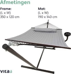 Vita5 Hangmat Met Standaard En Spreidstok – 2 Persoons – Incl. Bekerhouder - Afneembaar Kussen – Uv-bestendig – Lichtgrijs -Beroemde Tuinonderhouds Winkel 1153x1200