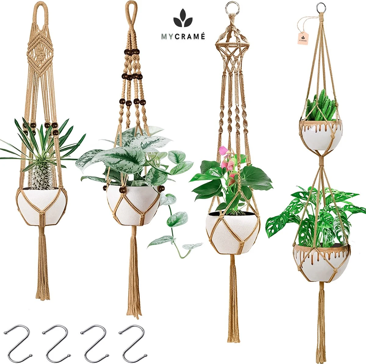 4 Stuks Luxe Jute Plantenhangers - Boho Handgeweven Katoen Hangpot Voor Binnen/Buiten - Hangende Bloempot Met Kralen - Macramé Touw/Koord Hangplant Houder - Bohemian Wandhanger Decoratie - Plant Hanger - Verticale Tuin Bloempothouder Planthanger 1 4 Stuks Luxe Jute Plantenhangers - Boho Handgeweven Katoen Hangpot Voor Binnen/Buiten - Hangende Bloempot Met Kralen - Macramé Touw/Koord Hangplant Houder - Bohemian Wandhanger Decoratie - Plant Hanger - Verticale Tuin Bloempothouder Planthanger