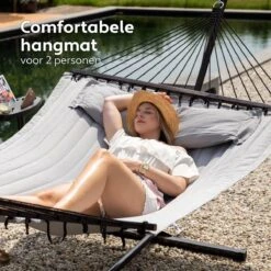 Vita5 Hangmat Met Standaard En Spreidstok – 2 Persoons – Incl. Bekerhouder - Afneembaar Kussen – Uv-bestendig – Lichtgrijs -Beroemde Tuinonderhouds Winkel 1200x1200 222