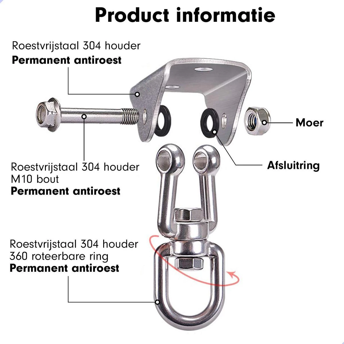 Luxe Ophangsysteem - 180° Schommelen, 360° Roteerbaar - Plafondhaak - Ophanghaak - Hangstoel Buiten - Hangstoel Binnen – Schommelstoel - Schommel - Bokszakken - RVS - Nederlandse Handleiding - 9 Luxe Ophangsysteem - 180° Schommelen, 360° Roteerbaar - Plafondhaak - Ophanghaak - Hangstoel Buiten - Hangstoel Binnen – Schommelstoel - Schommel - Bokszakken - RVS - Nederlandse Handleiding - - Afbeelding 9